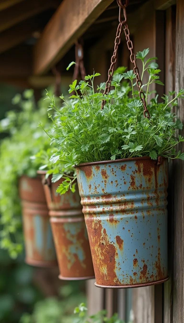 25 Rustic Farmhouse Garden Decor Ideas You Must See 22 10. Rusty metal buckets turned into hanging herb gardens-1