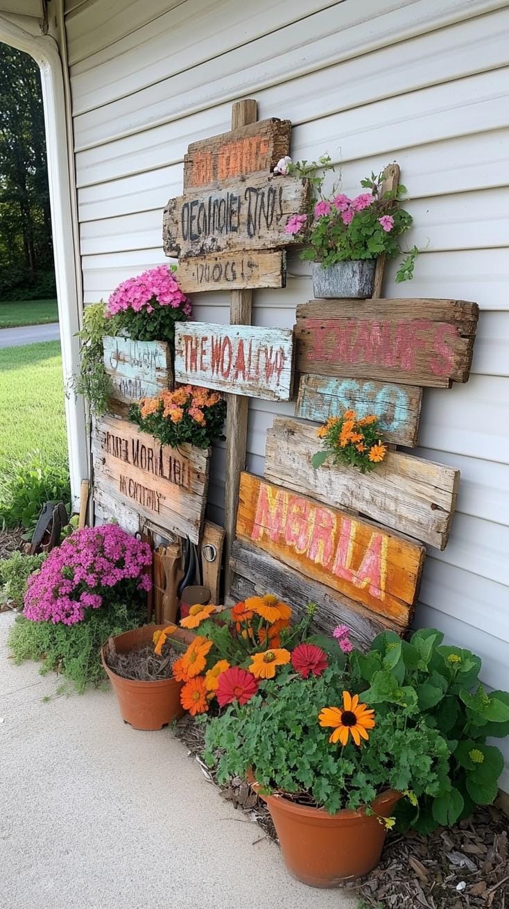 25 Rustic Farmhouse Garden Decor Ideas You Must See 27 13. Salvaged barn wood signs with hand-painted quotes-1