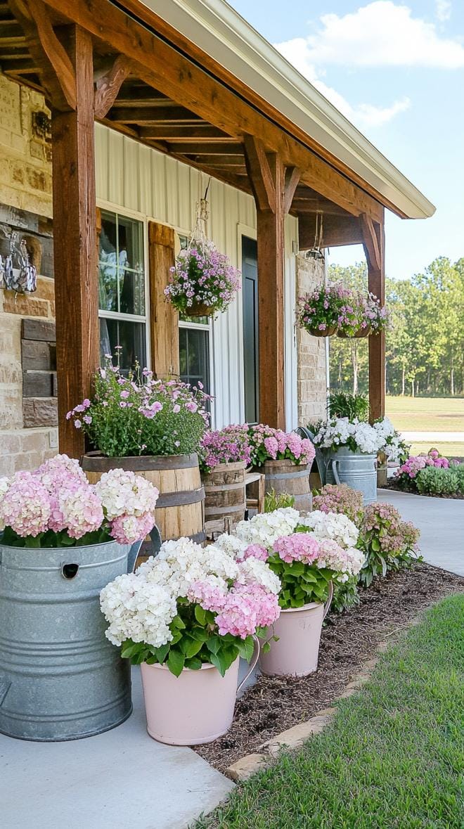 27 Charming Farmhouse Landscaping Ideas for a Beautiful Rustic Yard 55 20. Shabby chic front yard with watering can decor-0