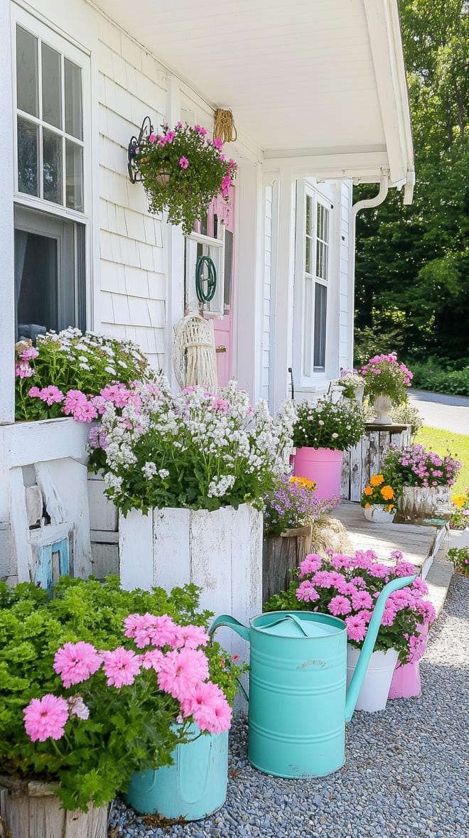 27 Charming Farmhouse Landscaping Ideas for a Beautiful Rustic Yard 56 20. Shabby chic front yard with watering can decor-1