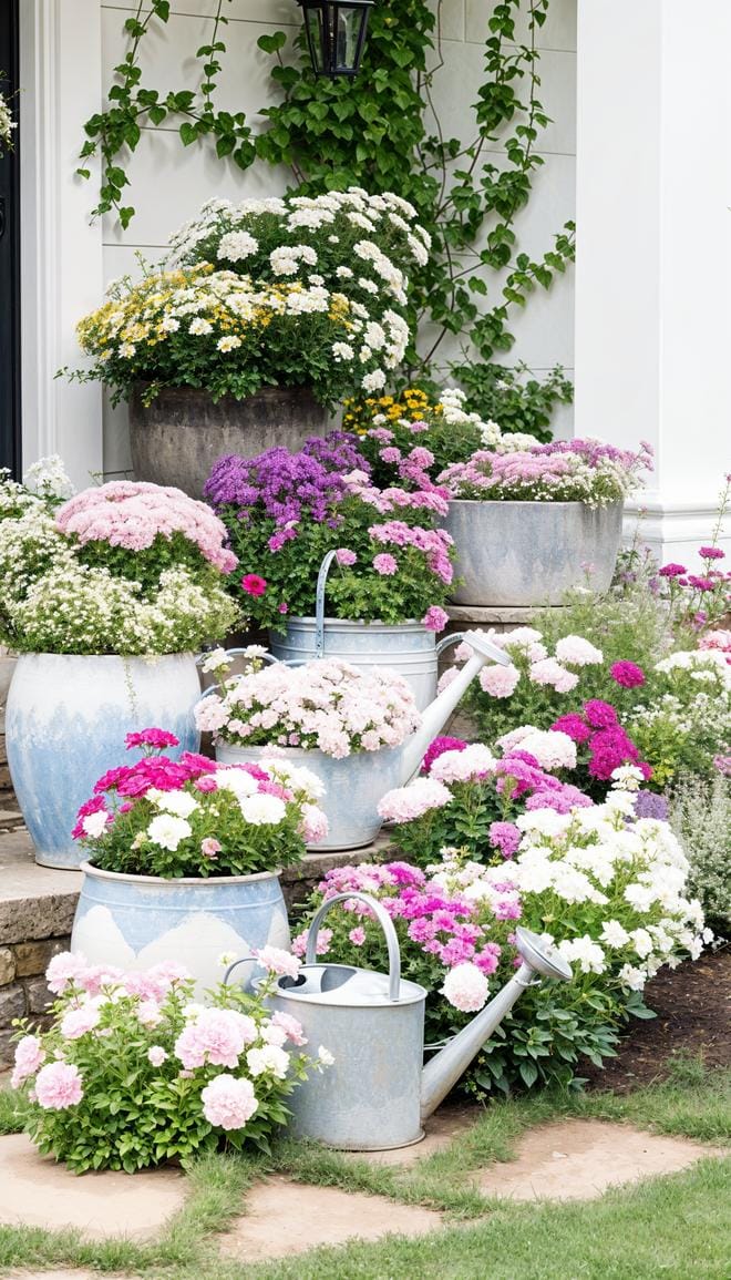 27 Charming Farmhouse Landscaping Ideas for a Beautiful Rustic Yard 57 20. Shabby chic front yard with watering can decor-2