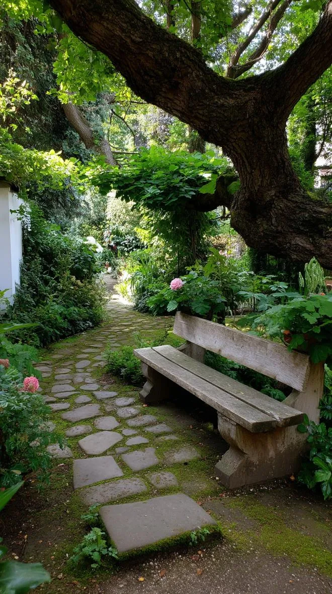 16. Shady garden bench beside mossy stepping stones-0