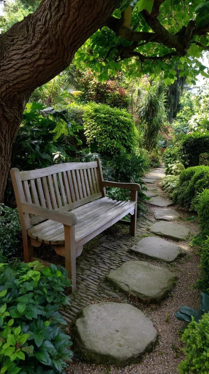 16. Shady garden bench beside mossy stepping stones-1