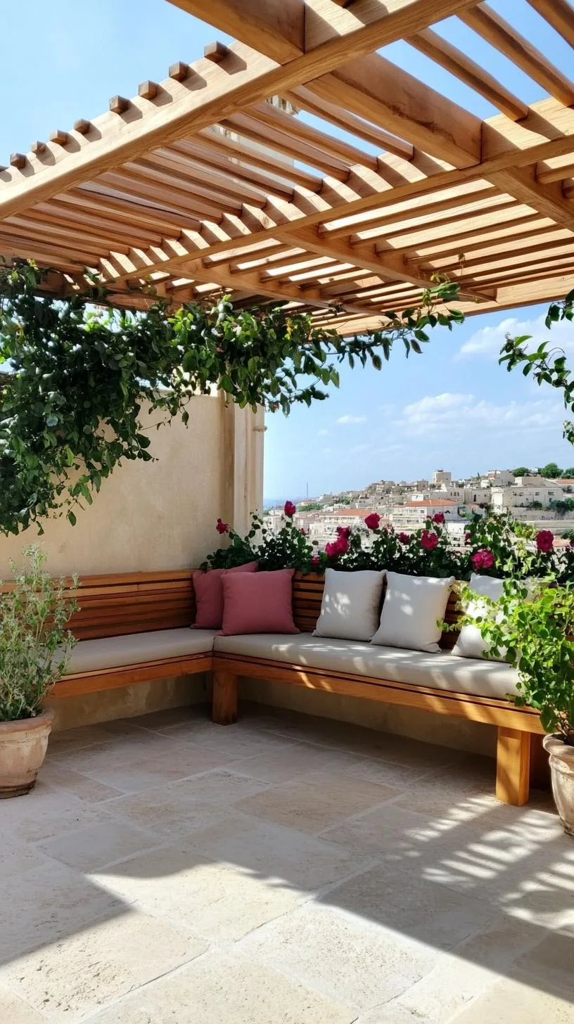 11. Simple patio with wooden pergola and built-in bench-0 11. Simple patio with wooden pergola and built-in bench-0