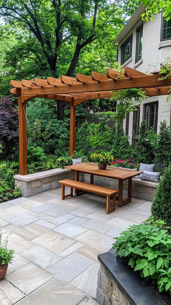 11. Simple patio with wooden pergola and built-in bench-1 11. Simple patio with wooden pergola and built-in bench-1