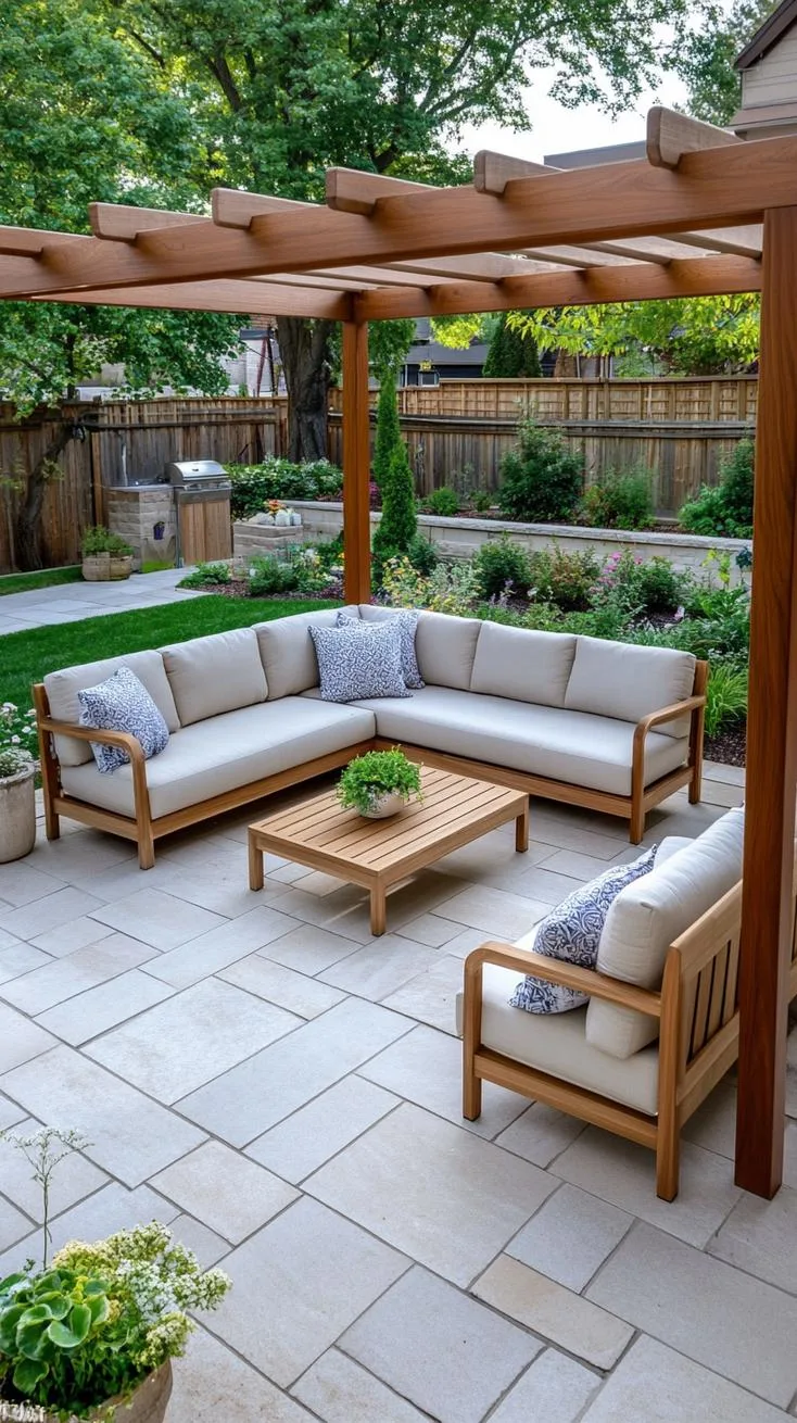 11. Simple patio with wooden pergola and built-in bench-2 11. Simple patio with wooden pergola and built-in bench-2
