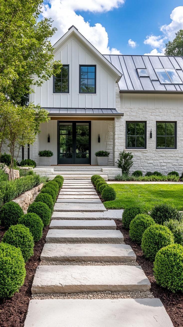 27 Charming Farmhouse Landscaping Ideas for a Beautiful Rustic Yard 22 7. Sleek modern stone pavers with manicured shrubs-0