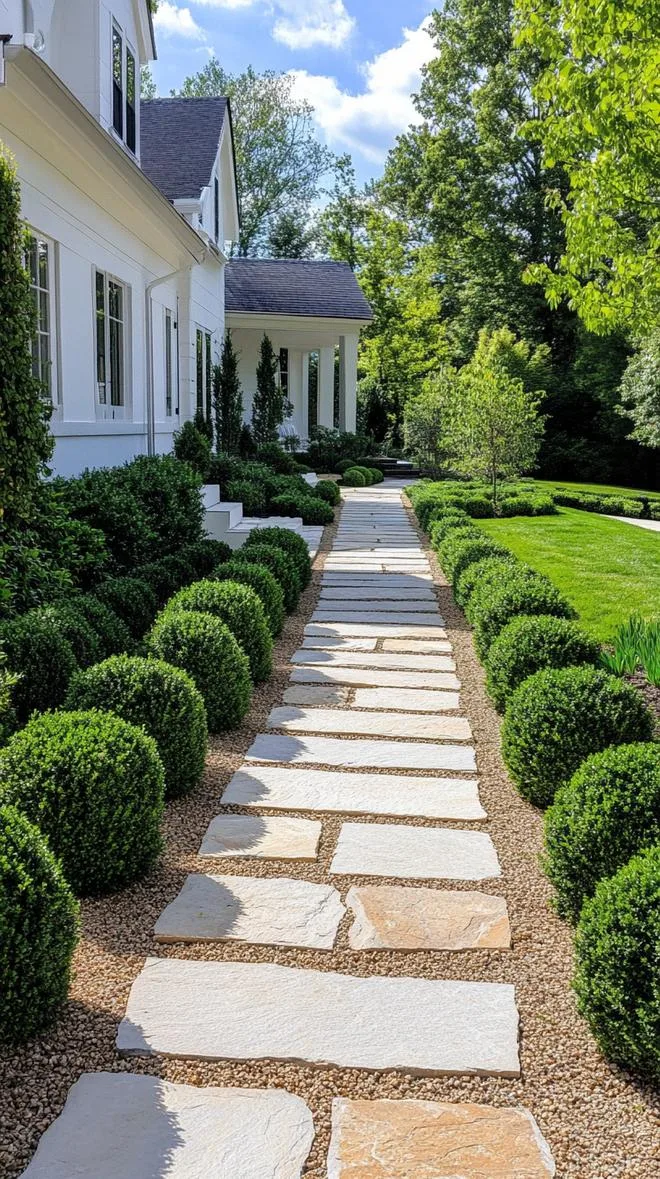 27 Charming Farmhouse Landscaping Ideas for a Beautiful Rustic Yard 22 7. Sleek modern stone pavers with manicured shrubs-1