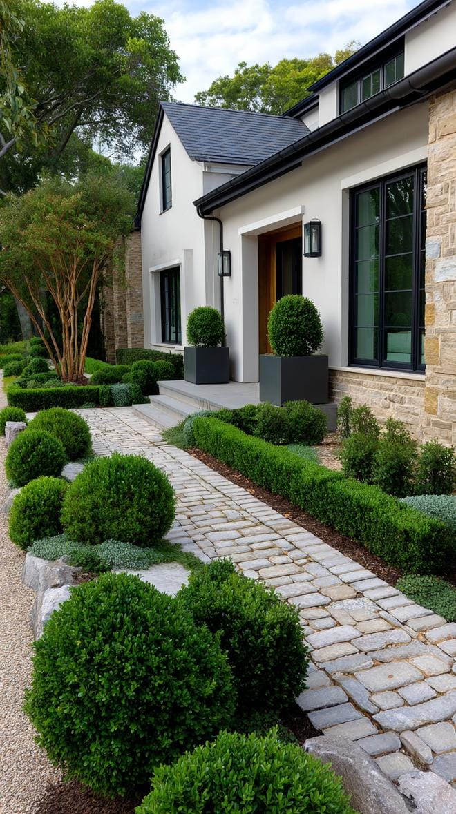 27 Charming Farmhouse Landscaping Ideas for a Beautiful Rustic Yard 24 7. Sleek modern stone pavers with manicured shrubs-2