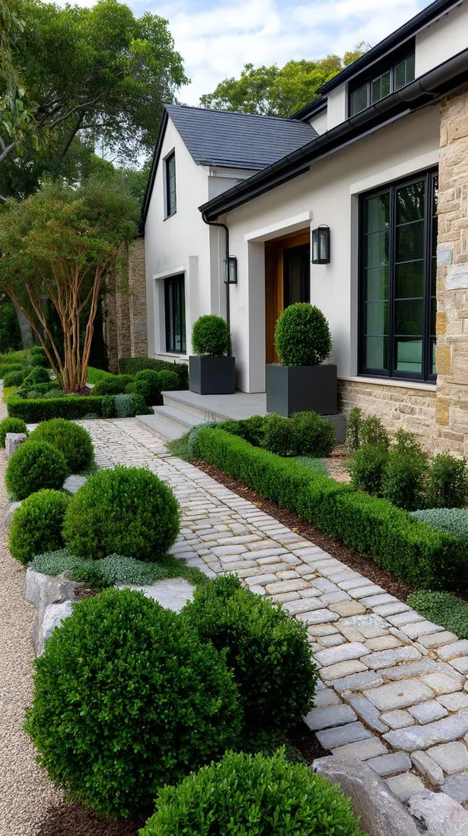 27 Charming Farmhouse Landscaping Ideas for a Beautiful Rustic Yard 23 7. Sleek modern stone pavers with manicured shrubs-2