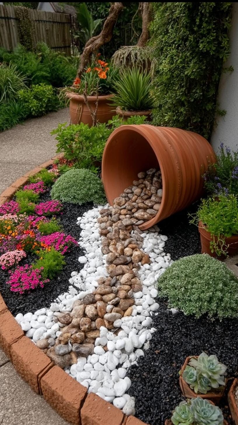 31 Rock Garden Ideas That Transform Any Outdoor Space 10 2. Spilled pot rock design with blooming flowers-1