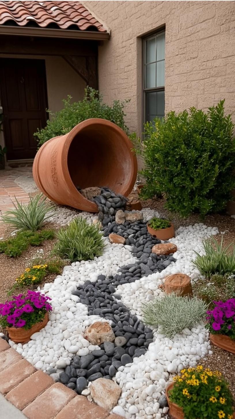 31 Rock Garden Ideas That Transform Any Outdoor Space 13 2. Spilled pot rock design with blooming flowers-2