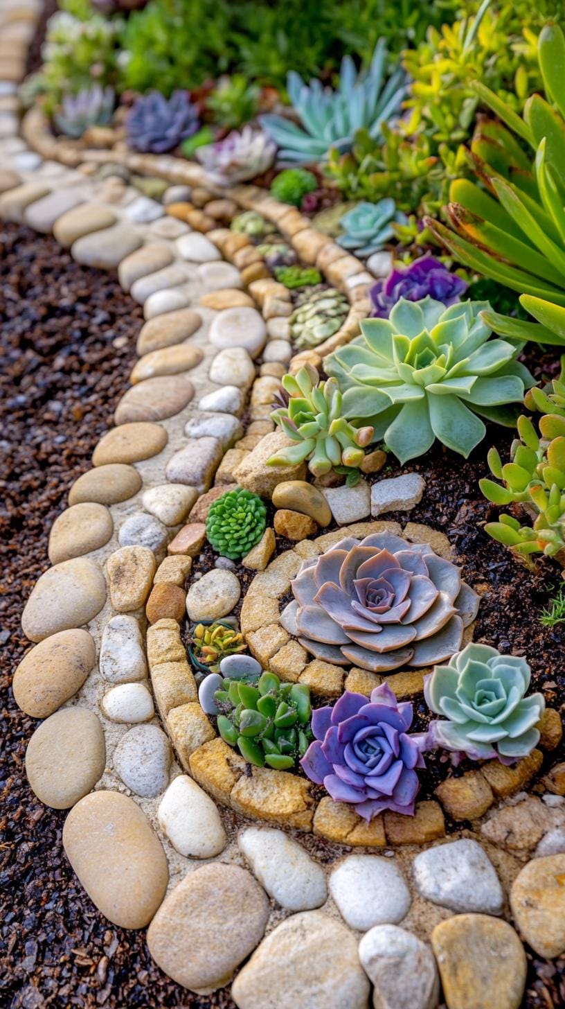 31 Rock Garden Ideas That Transform Any Outdoor Space 4 1. Spiral pebble path surrounded by succulents-1
