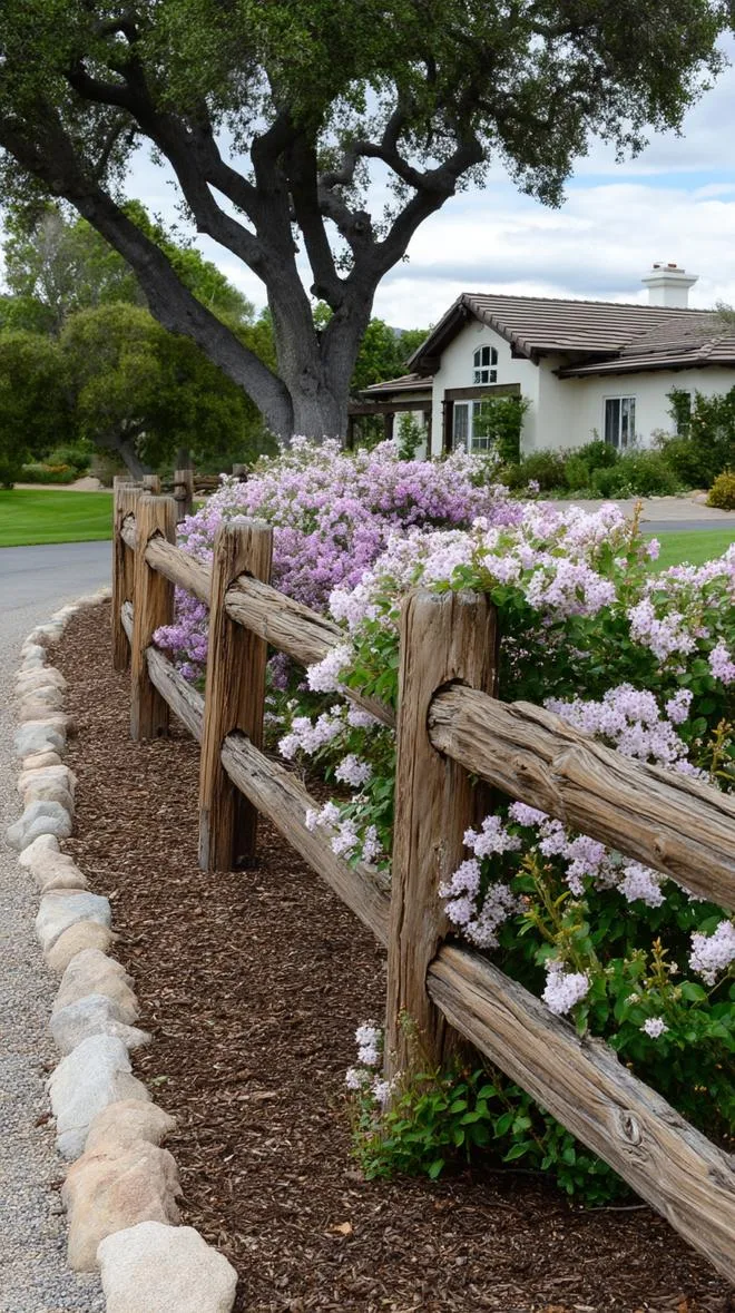 27 Charming Farmhouse Landscaping Ideas for a Beautiful Rustic Yard 74 27. Split-rail wooden fence wrapped in flowering vines-0