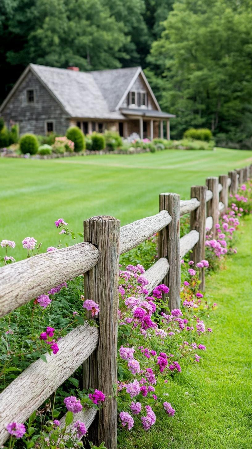27 Charming Farmhouse Landscaping Ideas for a Beautiful Rustic Yard 76 27. Split-rail wooden fence wrapped in flowering vines-1
