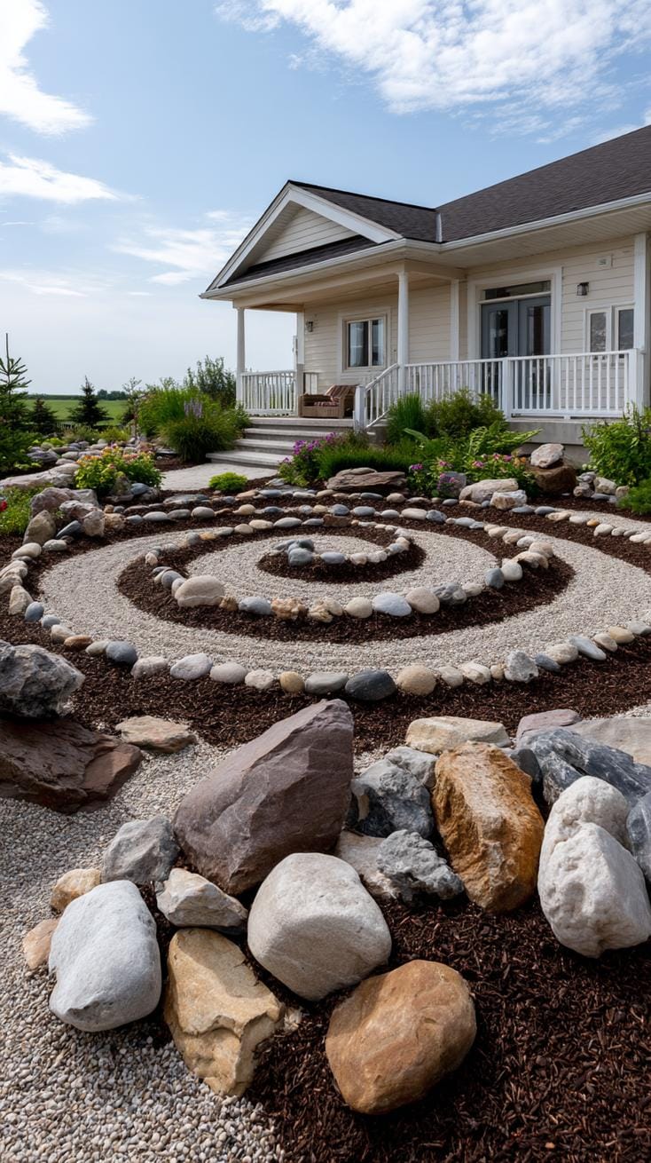 31 Rock Garden Ideas That Transform Any Outdoor Space 20 4. Stacked stone spiral centerpiece with mulch-0