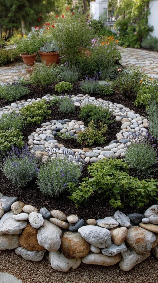 31 Rock Garden Ideas That Transform Any Outdoor Space 23 4. Stacked stone spiral centerpiece with mulch-1