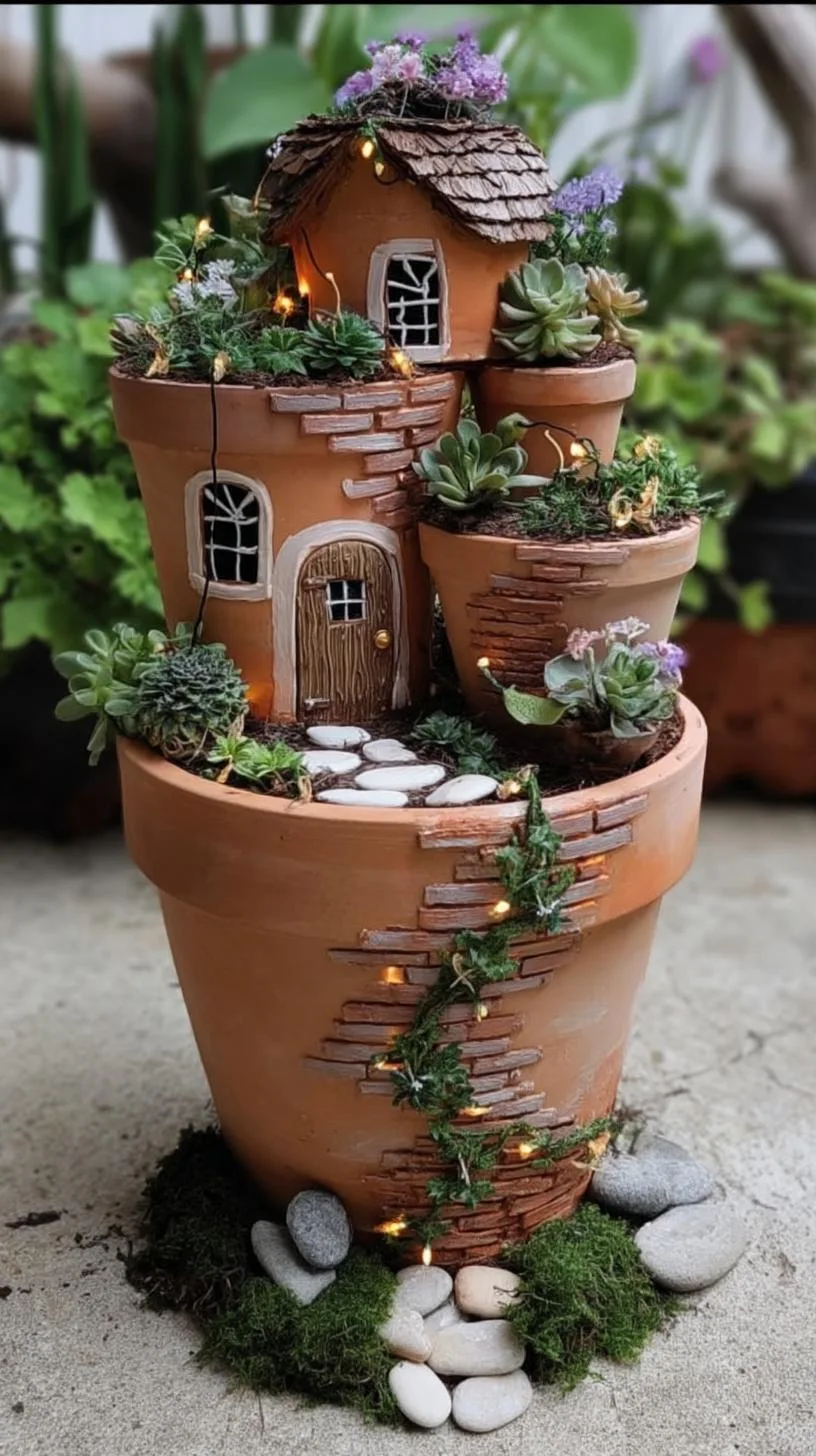 2. Stacked terra cotta pot fairy house tower-0
