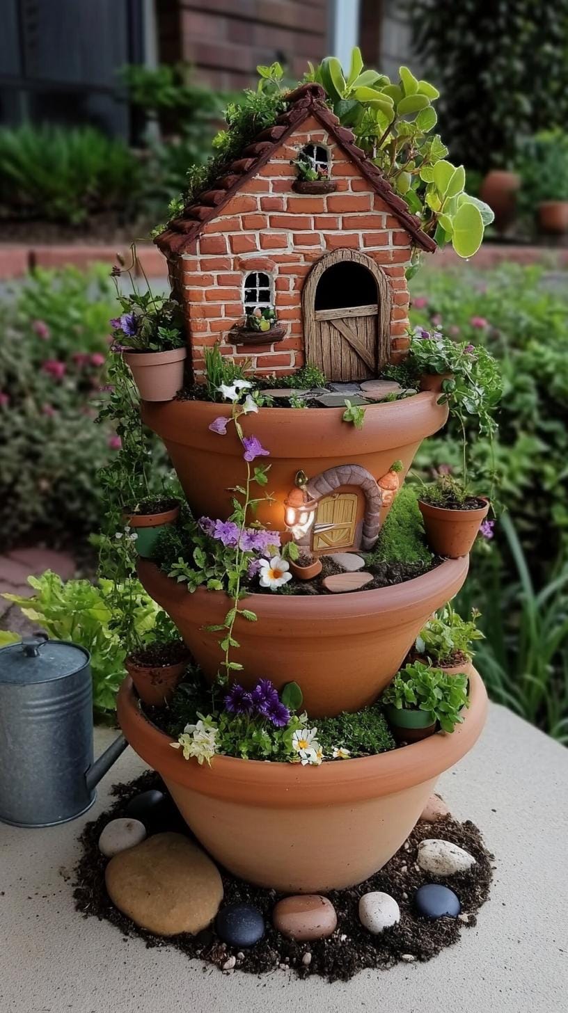 2. Stacked terra cotta pot fairy house tower-1