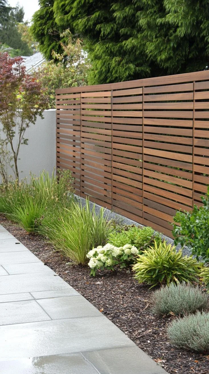 18. Staggered slat wooden privacy fence modern design-0