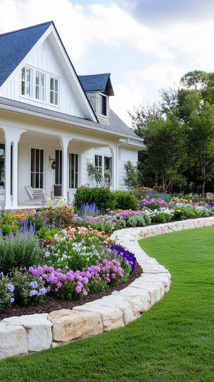 27 Charming Farmhouse Landscaping Ideas for a Beautiful Rustic Yard 13 4. Stone-bordered garden around farmhouse white exterior-0