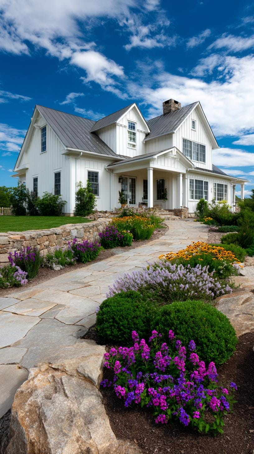 27 Charming Farmhouse Landscaping Ideas for a Beautiful Rustic Yard 14 4. Stone-bordered garden around farmhouse white exterior-1