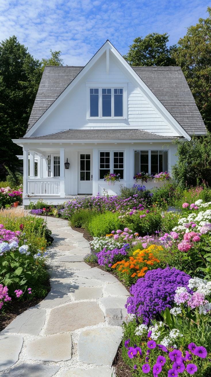 27 Charming Farmhouse Landscaping Ideas for a Beautiful Rustic Yard 15 4. Stone-bordered garden around farmhouse white exterior-2