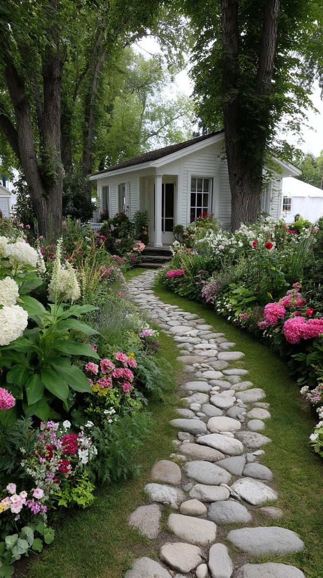 35 Dreamy Cottage Garden Ideas for Timeless Charm 14 5. Stone footpath weaving through dense flower borders-0