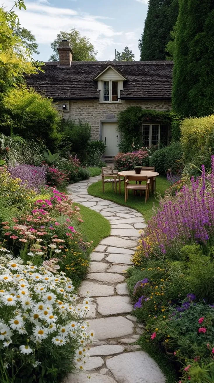 35 Dreamy Cottage Garden Ideas for Timeless Charm 14 5. Stone footpath weaving through dense flower borders-1