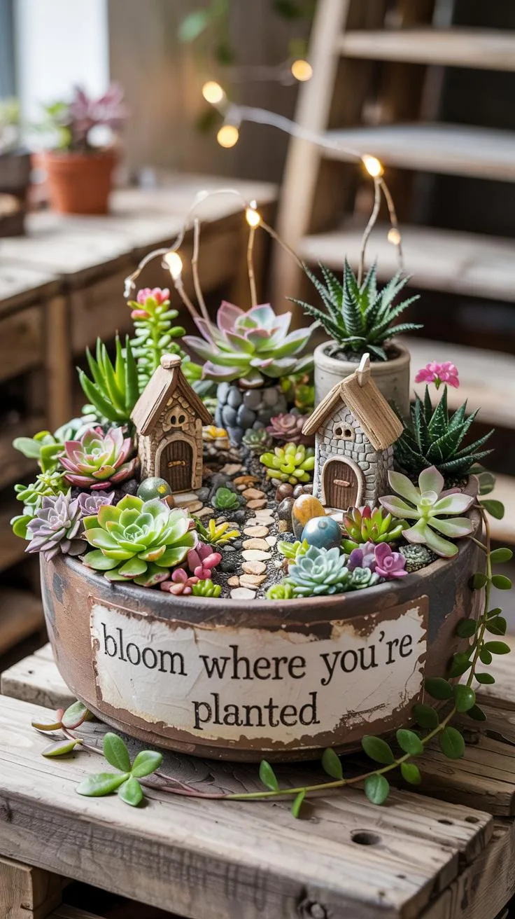 31. Succulent fairy scene in wide shallow ceramic bowl-0