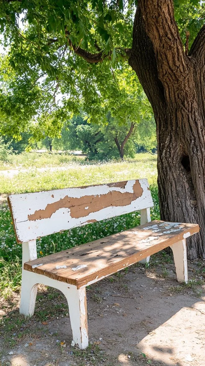 23. Sun-bleached wood bench under a shady tree-0 23. Sun-bleached wood bench under a shady tree-0