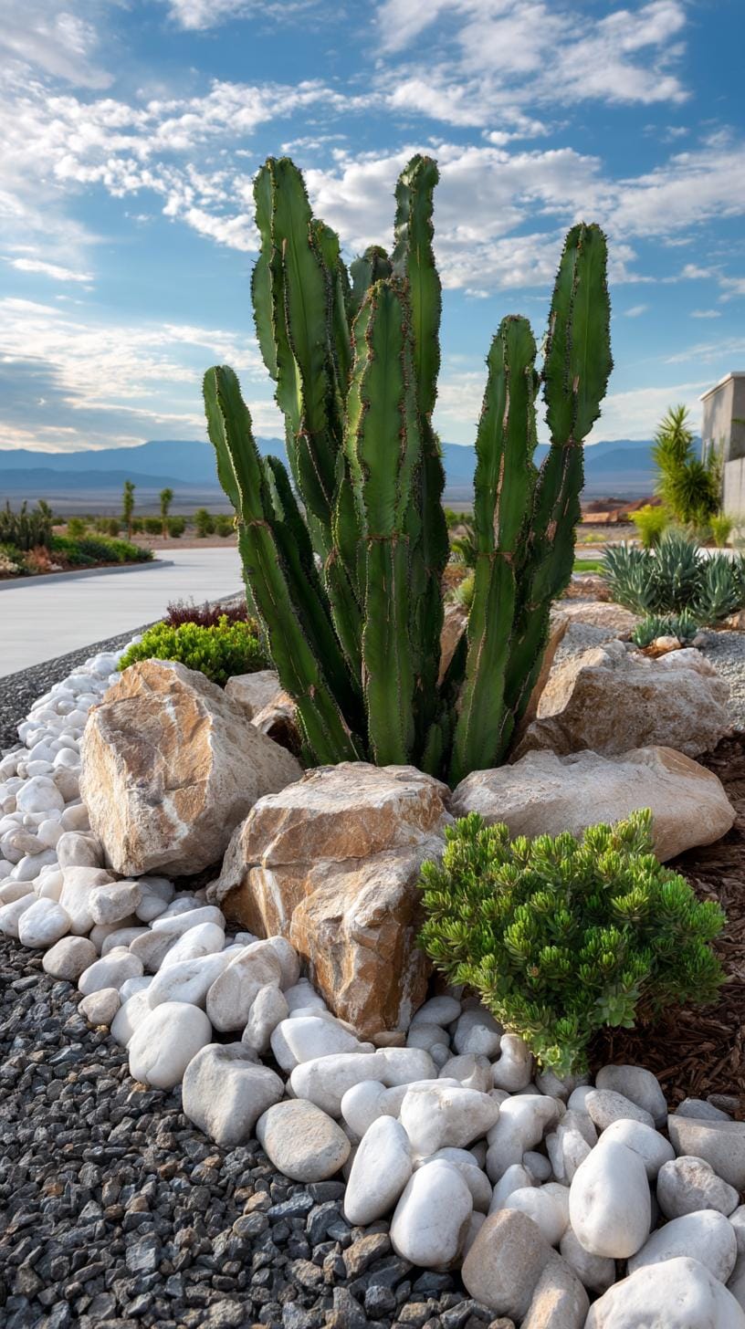 31 Rock Garden Ideas That Transform Any Outdoor Space 89 18. Tall cactus cluster in gravel-edged bed-0