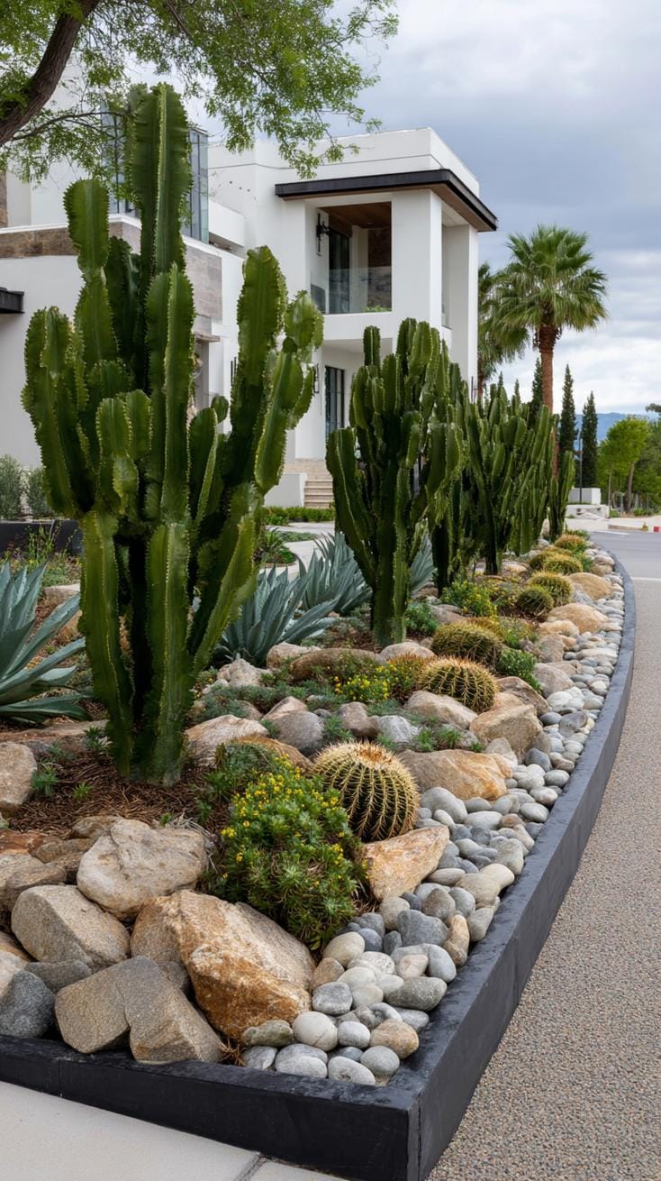 31 Rock Garden Ideas That Transform Any Outdoor Space 90 18. Tall cactus cluster in gravel-edged bed-1