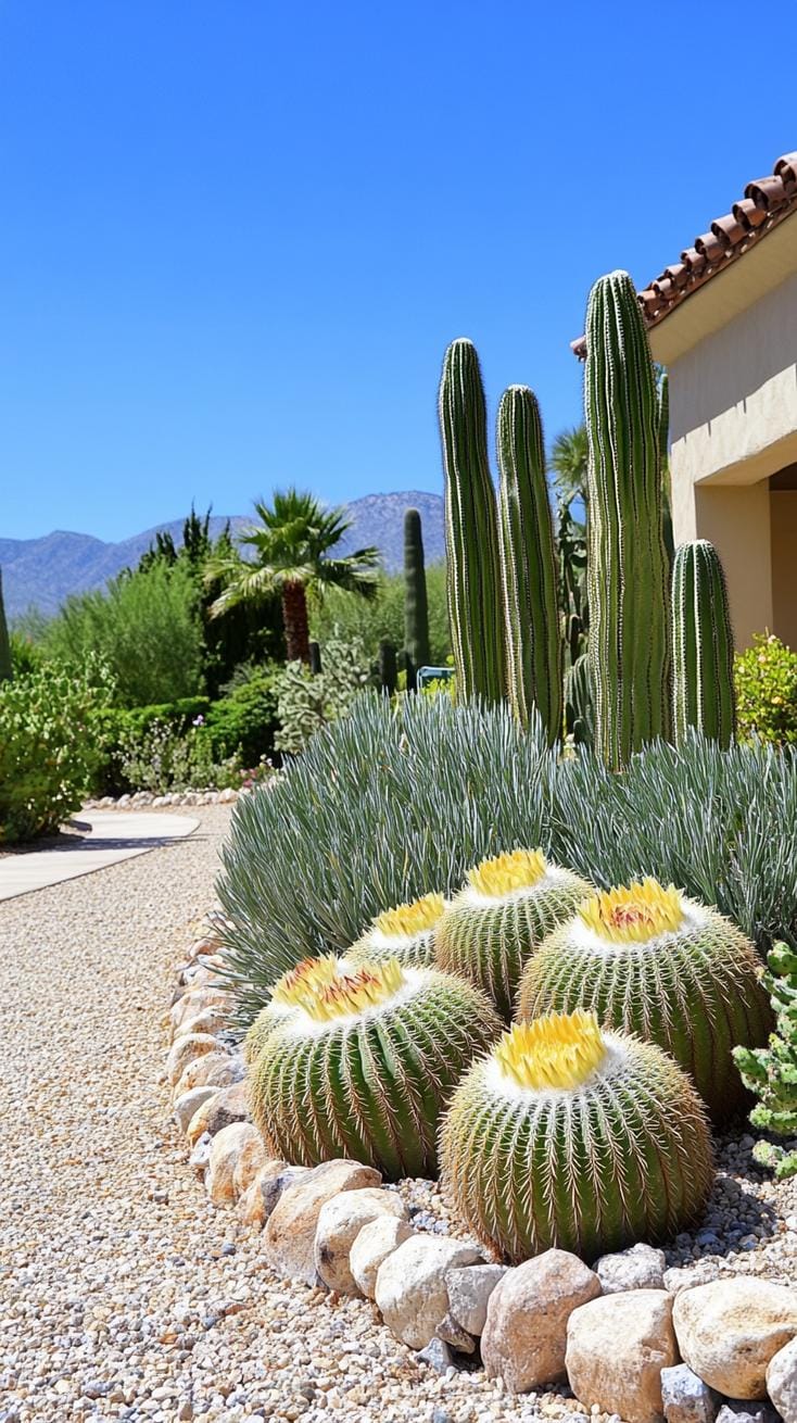 31 Rock Garden Ideas That Transform Any Outdoor Space 93 18. Tall cactus cluster in gravel-edged bed-2