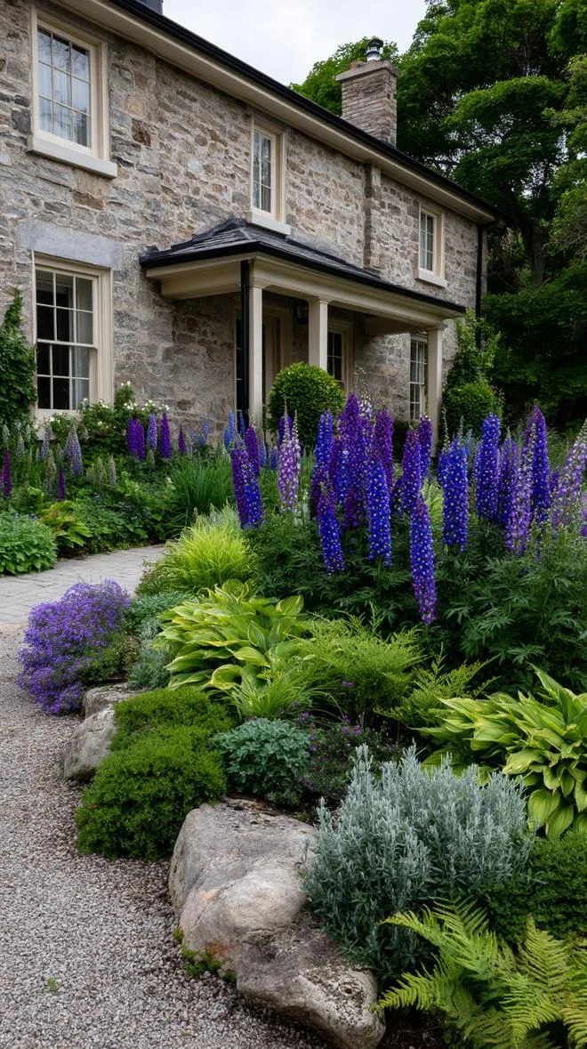 35 Dreamy Cottage Garden Ideas for Timeless Charm 53 22. Tall spiky delphiniums peeking over stone walls-0