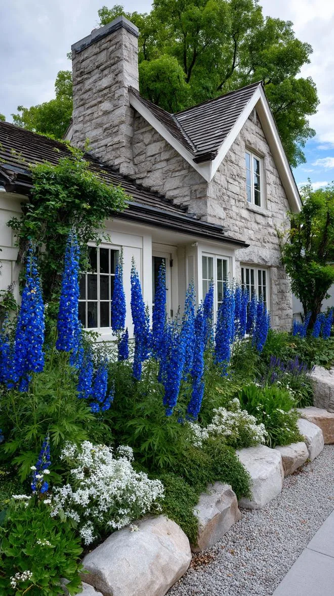 35 Dreamy Cottage Garden Ideas for Timeless Charm 54 22. Tall spiky delphiniums peeking over stone walls-1