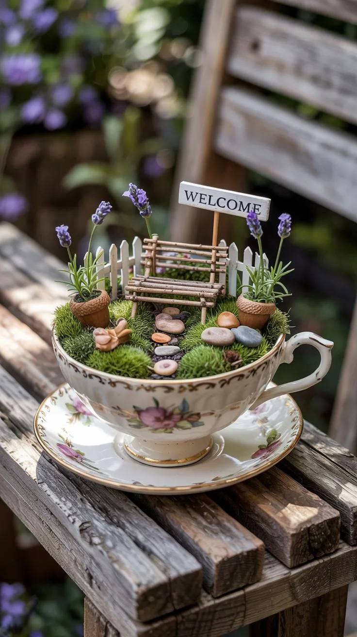 20. Teacup fairy garden on a wooden table slice-0
