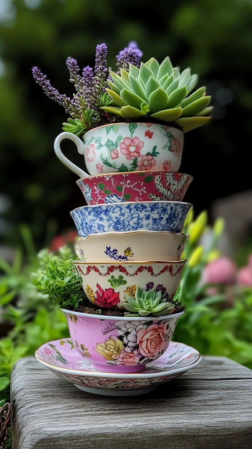 37 Whimsical Garden Ideas for a Magical Backyard 90 35. Teacup tower topped with succulents-0