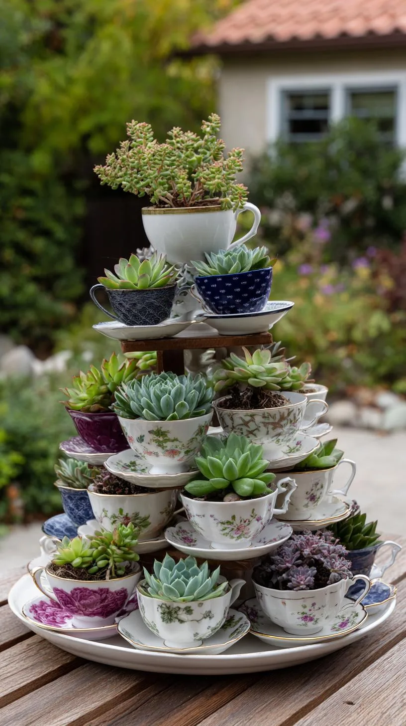 37 Whimsical Garden Ideas for a Magical Backyard 91 35. Teacup tower topped with succulents-1