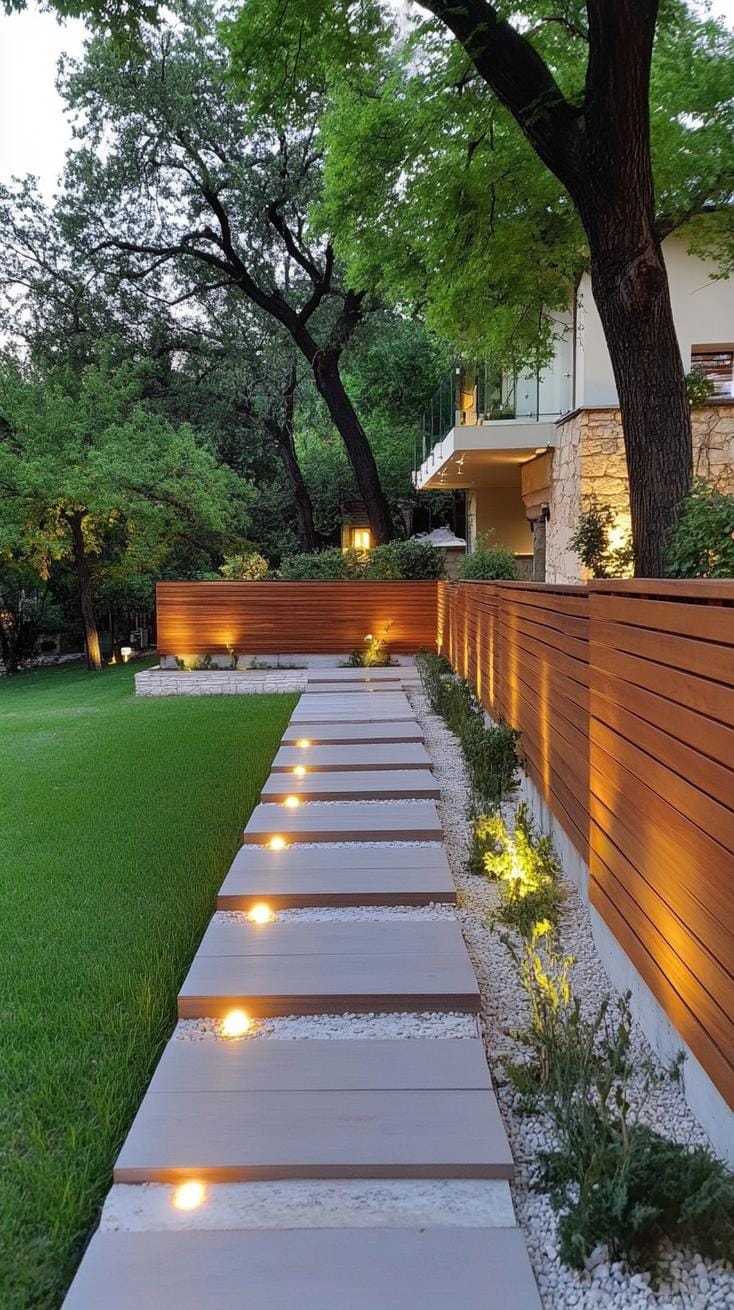 35 Unique Privacy Fence Ideas for a More Private Backyard 59 23. Tiered fence panels with soft backyard lighting-0