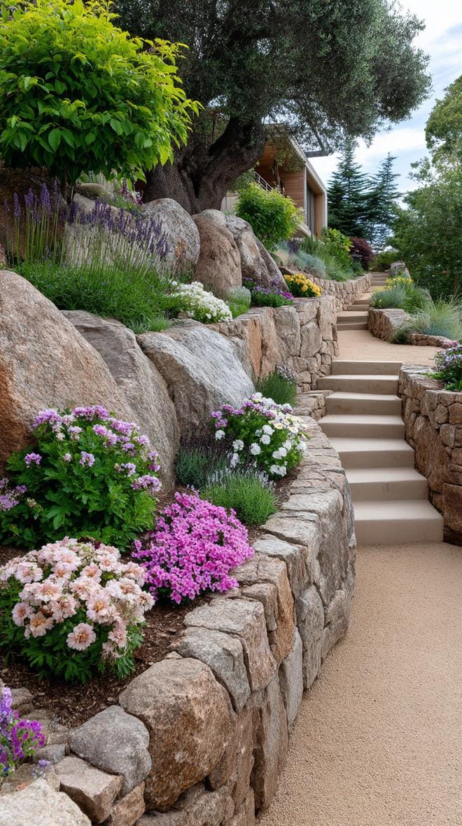 31 Rock Garden Ideas That Transform Any Outdoor Space 45 9. Tiered rock wall with pastel blooming layers-0