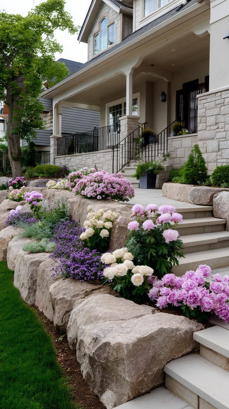 31 Rock Garden Ideas That Transform Any Outdoor Space 49 9. Tiered rock wall with pastel blooming layers-2