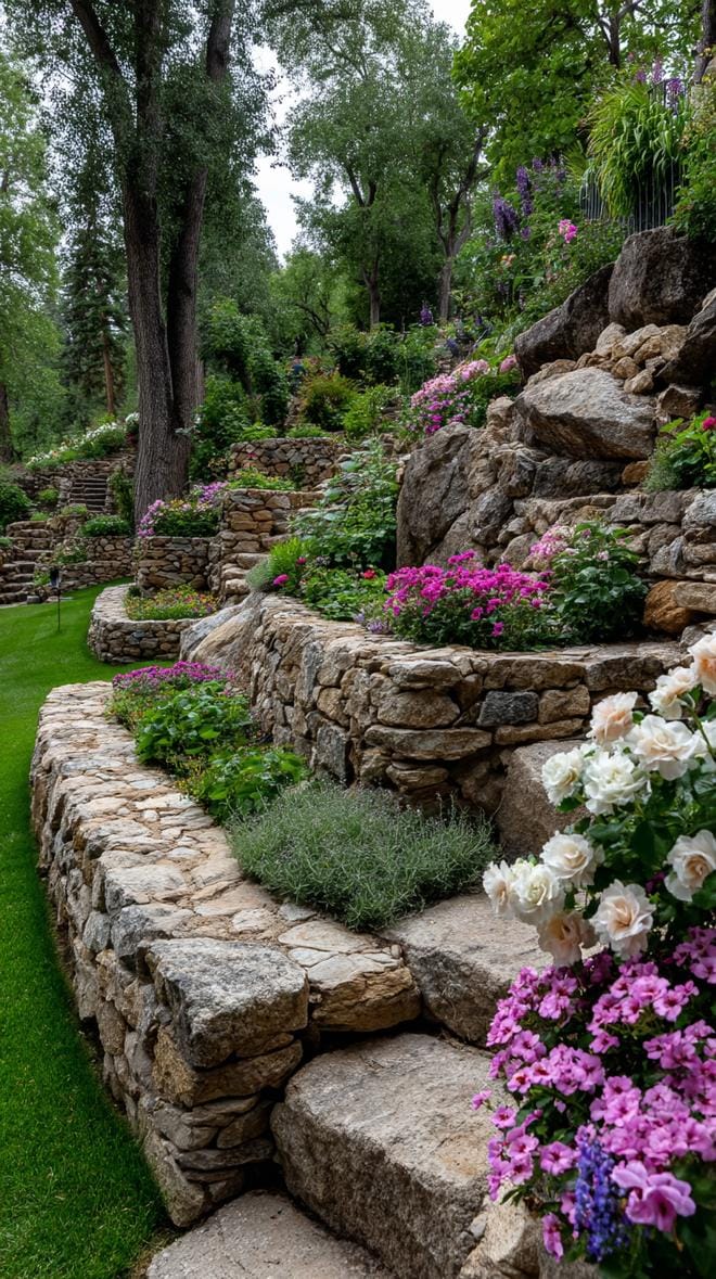 31 Rock Garden Ideas That Transform Any Outdoor Space 124 26. Tiered slope garden using stacked rock walls-0