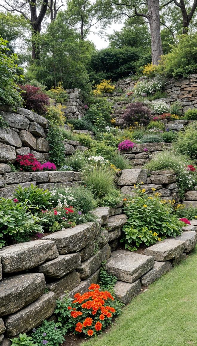 31 Rock Garden Ideas That Transform Any Outdoor Space 125 26. Tiered slope garden using stacked rock walls-1