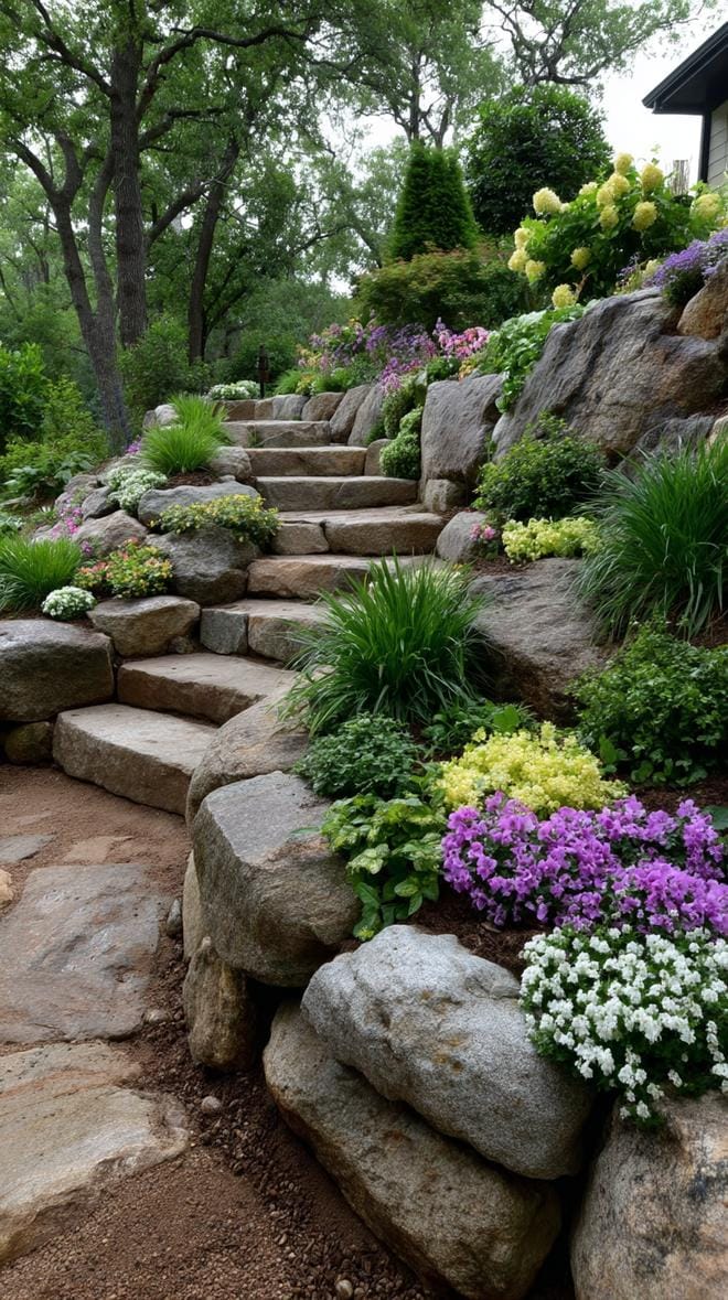 31 Rock Garden Ideas That Transform Any Outdoor Space 128 26. Tiered slope garden using stacked rock walls-2