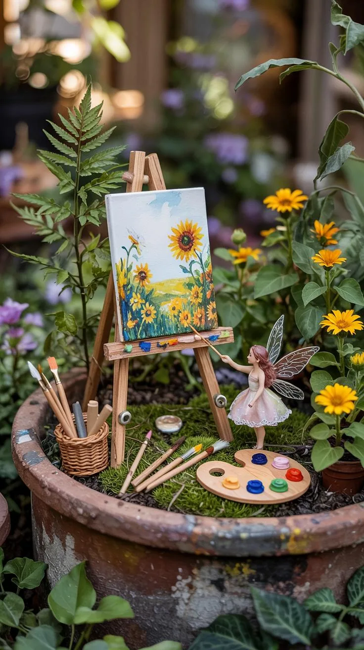 28. Tiny artist fairy garden with mini easel setup-0