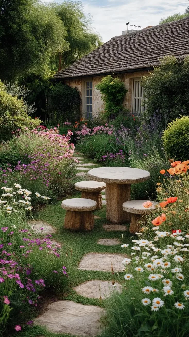 35 Dreamy Cottage Garden Ideas for Timeless Charm 41 17. Tiny stone garden chairs amid wildflower maze-0