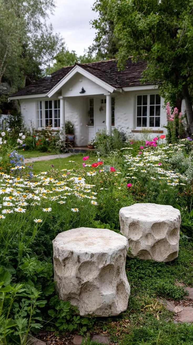 35 Dreamy Cottage Garden Ideas for Timeless Charm 42 17. Tiny stone garden chairs amid wildflower maze-1