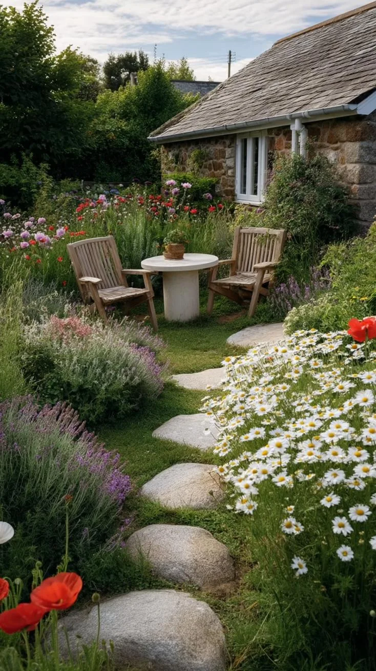 35 Dreamy Cottage Garden Ideas for Timeless Charm 43 17. Tiny stone garden chairs amid wildflower maze-2