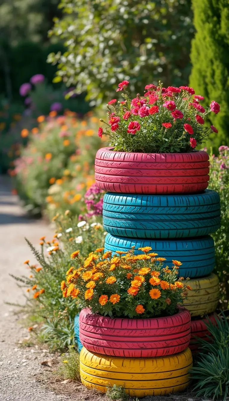 14. Tire planters painted vibrant colors with floral arrangements-0